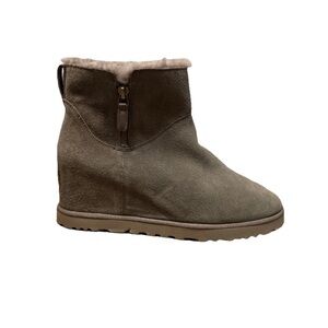 Ugg Size 9.5 Gray Suede Shearling Wedge Classic Femme Zip Mini Boots